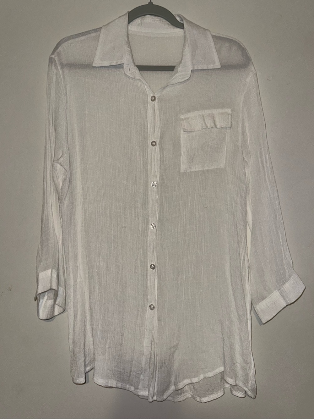 Women's Lightweight White Button-Up Shirt - Sheer Long Sleeve